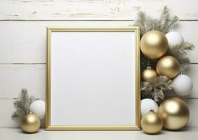 ai gerado Natal composição Preto quadro, Armação e Natal árvore dourado bolas em madeira fundo foto