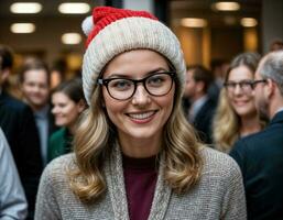 ai gerado foto do lindo mulher com Loiras cabelo e óculos e gorro chapéu escritório sala, generativo ai