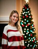 ai gerado foto do lindo mulher com Loiras cabelo dentro suéter em pé dentro frente do Natal árvore , generativo ai