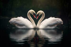 ai gerado dois lindo cisnes em uma lago forma coração, romântico cisne durante dia dos namorados dia, ai generativo foto