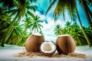 ai gerado coco coquetéis em a de praia. verão tropical fundo. ai gerado foto