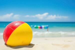 ai gerado inflável bola em a praia, verão período de férias fundo. ai gerado foto