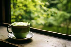 ai gerado uma copo do verde matcha chá café com leite sentado em topo do uma pires, ai foto