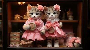 ai gerado dois pequeno gatinhos vestido dentro Rosa segurando uma relógio e flores, ai foto