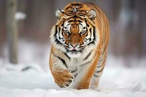 ai gerado tigre dentro selvagem inverno natureza. Amur tigre corrida dentro a neve. foto