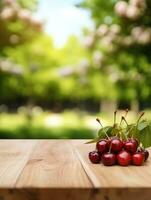 ai gerado fresco cereja em de madeira mesa com borrado orgânico Fazenda fundo, espaço para produtos mostrar. foto