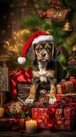 ai gerado uma cachorro sentado em uma pilha do apresenta dentro frente do uma Natal árvore, ai foto