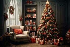 ai gerado lindo Natal árvore dentro a vivo quarto às lar. Novo ano, festival decoração e comemoro foto