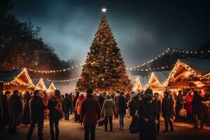 ai gerado atmosfera dentro Cidade em natal noite. Natal celebrações, festivo, feriado. Novo ano acolhedor foto