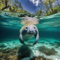 ai gerado florida peixe-boi dentro Claro água foto