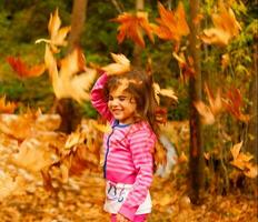 pequeno menina dentro outono floresta foto