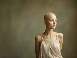 ai gerado retrato do caucasiano Careca garota, alopecia e Câncer consciência foto