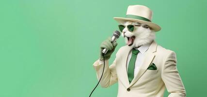 ai gerado à moda gato cantando com microfone isolado em verde fundo foto