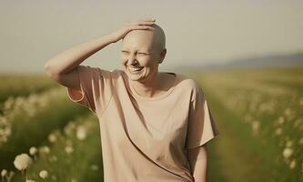 ai gerado retrato do caucasiano Careca mulher, alopecia e Câncer consciência foto