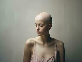 ai gerado retrato do caucasiano Careca garota, alopecia e Câncer consciência foto