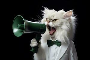 ai gerado gato anunciando usando mão palestrante. notificando, aviso, anúncio. foto