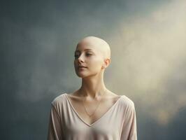 ai gerado retrato do caucasiano Careca garota, alopecia e Câncer consciência foto