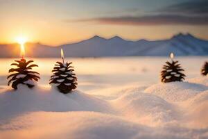 ai gerado velas e pinho cones em a neve às pôr do sol foto