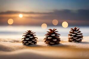 ai gerado velas e pinho cones em a neve às pôr do sol foto