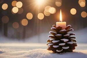 ai gerado velas e pinho cones em a neve às pôr do sol foto