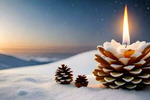 ai gerado velas e pinho cones em a neve às pôr do sol foto