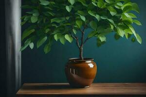 ai gerado uma em vaso plantar em uma mesa dentro frente do uma parede foto