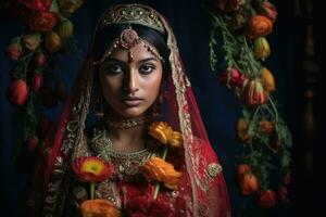 uma jovem mulher vestindo tradicional indiano roupas, Incluindo uma nupcial véu, Como ela poses para uma foto. foto