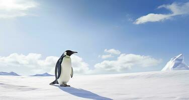 ai gerado pinguim em pé dentro Antártica olhando para dentro a azul céu. ai gerado foto