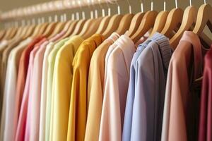 ai gerado colorida roupas em uma roupas prateleira, pastel colorida armário de roupa dentro uma compras loja ou quarto, arco Iris cor roupas escolha em cabides, casa guarda roupa conceito imagem. ai generativo foto