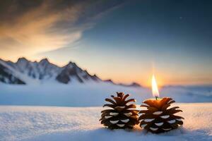 ai gerado uma pinho cone com uma vela dentro a neve foto