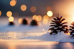 ai gerado uma pinho cone com uma vela dentro a neve foto