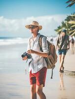 ai gerado uma fotografia do viajante ou mochileiro dentro a de praia com uma muitos estilo e muitos ângulo foto