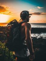 ai gerado uma fotografia do viajante ou mochileiro dentro a de praia com uma muitos estilo e muitos ângulo foto