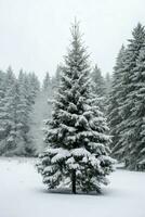 pinho árvores ou decorado Natal árvore coberto de neve em lindo inverno. Natal tema ao ar livre de ai gerado foto