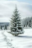 pinho árvores ou decorado Natal árvore coberto de neve em lindo inverno. Natal tema ao ar livre de ai gerado foto