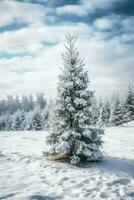 pinho árvores ou decorado Natal árvore coberto de neve em lindo inverno. Natal tema ao ar livre de ai gerado foto