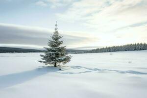 pinho árvores ou decorado Natal árvore coberto de neve em lindo inverno. Natal tema ao ar livre de ai gerado foto