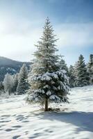 pinho árvores ou decorado Natal árvore coberto de neve em lindo inverno. Natal tema ao ar livre de ai gerado foto