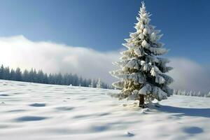 pinho árvores ou decorado Natal árvore coberto de neve em lindo inverno. Natal tema ao ar livre de ai gerado foto