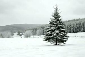 pinho árvores ou decorado Natal árvore coberto de neve em lindo inverno. Natal tema ao ar livre de ai gerado foto