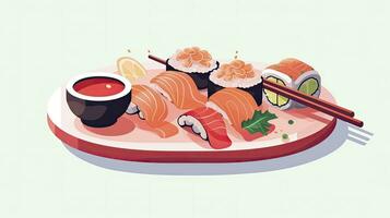 ai gerado elegante minimalista Sushi prato ilustração com pauzinhos foto