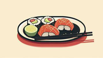 ai gerado elegante minimalista Sushi prato ilustração com pauzinhos foto