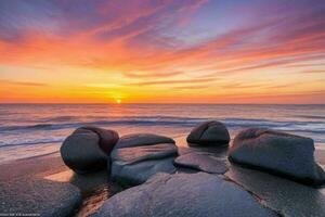 ai gerado lindo pedras em a de praia às pôr do sol. pró foto