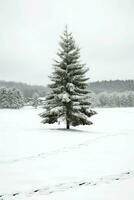 pinho árvores ou decorado Natal árvore coberto de neve em lindo inverno. Natal tema ao ar livre de ai gerado foto