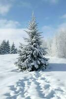 pinho árvores ou decorado Natal árvore coberto de neve em lindo inverno. Natal tema ao ar livre de ai gerado foto