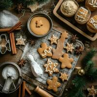 plano deitar do cozinhando caseiro Natal cozimento ingredientes ou Pão de gengibre biscoitos colocada em mesa conceito de ai gerado foto