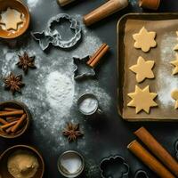 plano deitar do cozinhando caseiro Natal cozimento ingredientes ou Pão de gengibre biscoitos colocada em mesa conceito de ai gerado foto