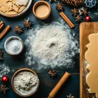 plano deitar do cozinhando caseiro Natal cozimento ingredientes ou Pão de gengibre biscoitos colocada em mesa conceito de ai gerado foto