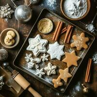 plano deitar do cozinhando caseiro Natal cozimento ingredientes ou Pão de gengibre biscoitos colocada em mesa conceito de ai gerado foto