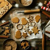 plano deitar do cozinhando caseiro Natal cozimento ingredientes ou Pão de gengibre biscoitos colocada em mesa conceito de ai gerado foto